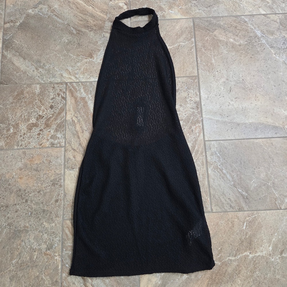 NWT PrettyLittleThing Black Textured Sheer Halter‎ Backless Bodycon Mini Dress 4